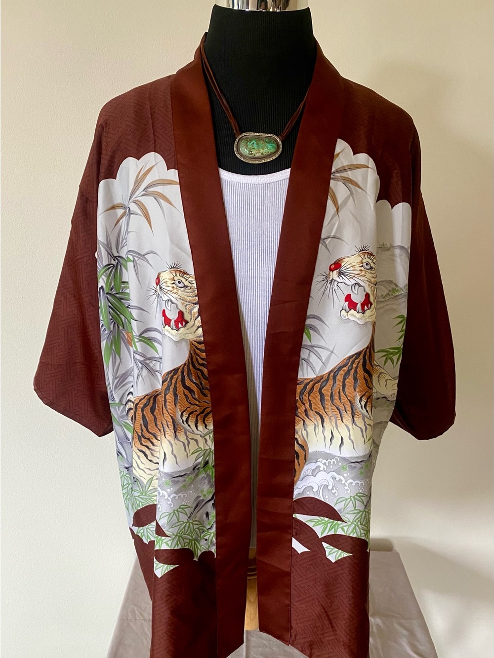 Vintage Men’s L Japanese Tiger Kimono Robe Haori Jacket Smoking Japan Bathrobe